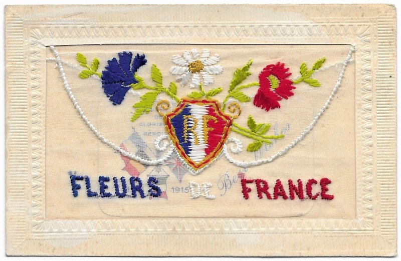 Embossed & Embroidered 1915 France PPC pocket, card Flags to Toronto World War 1