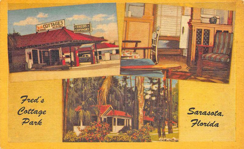 Sarasota FL Fred's Cottage Park Gas Station Linen Postcard