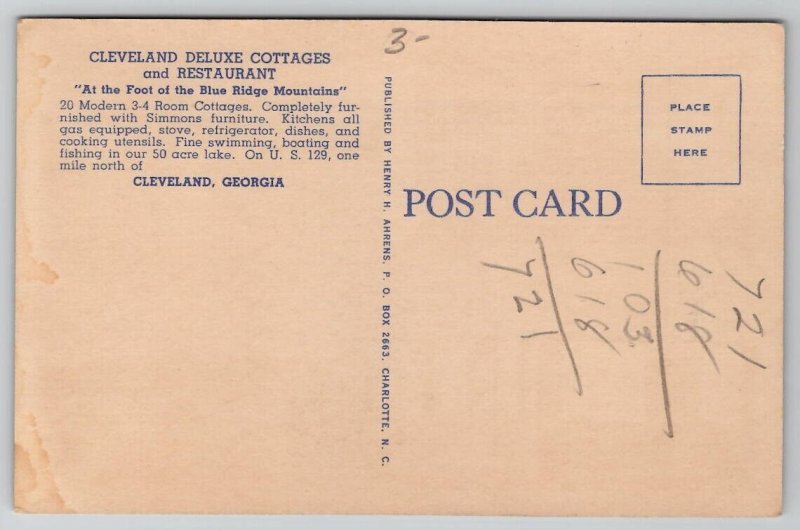 GA Cleveland Deluxe Cottages & Restaurant US 129 Georgia Postcard E44