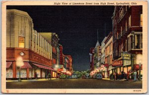Springfield Ohio, 1949 Night View of Limestone Street from High Street, Postcard