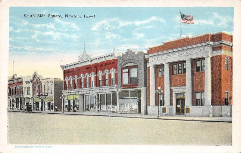 Newton Iowa~South Side of Square~Jasper County Savings Bank~1920s Postcard