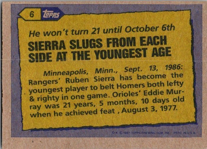 1987 Topps Baseball Card '86 Record Breaker Reuben Sierra Texas Rangers ...