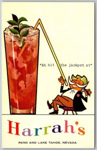 Lake Tahoe & Reno Nevada 1960s Postcard Cartoon Man With Giant Cocktail