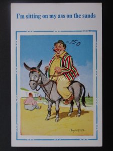 Donald McGill Postcard SEASIDE DONKEY LARGE GENT SITTING ON MY ASS.....c1950's