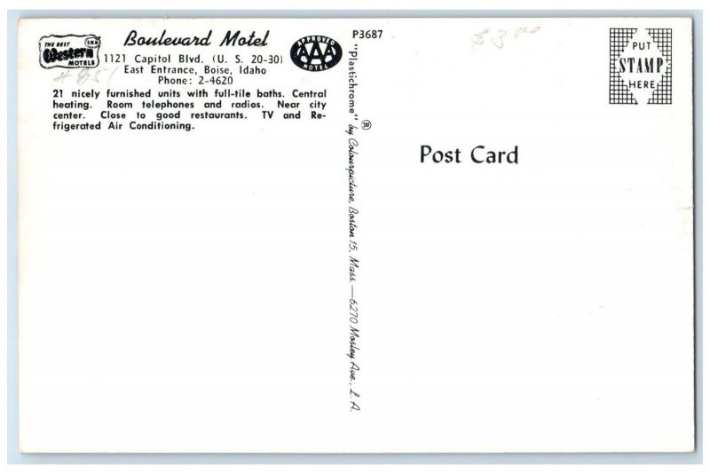 c1950's Boulevard Motel Capitol Blvd. US 20 30 Boise Idaho ID Vintage Postcard