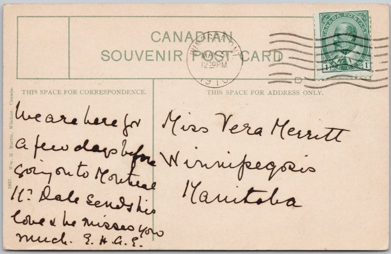 Vintage Ouellette Ave Windsor Canada River View Postcard 1910 H81