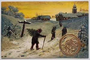 Christmas Morning Towns People Walk To Church Snow Gilt Seal 1909 Postcard U24