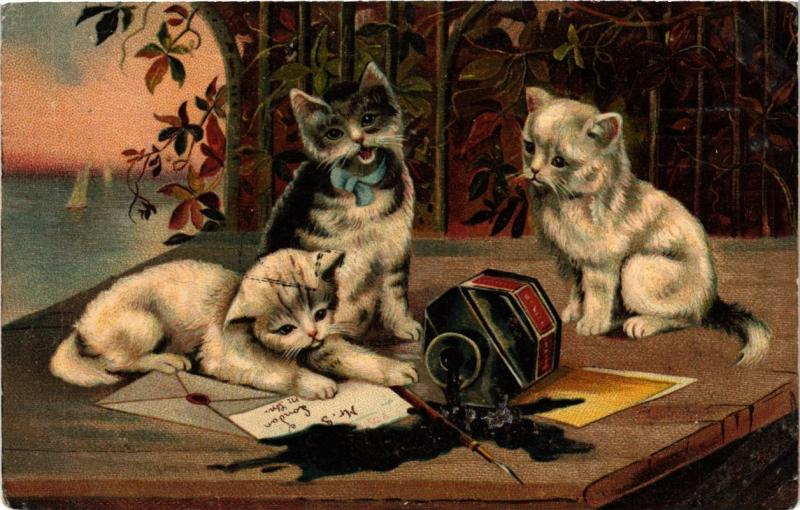 CPA AK CATS Kittens and ink (a2161)