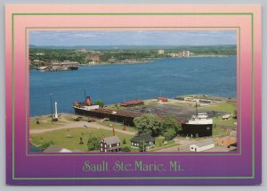Ship~Air View Barge Coming In To Sault Ste Marie~Continental Postcard 