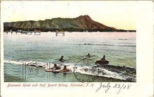 Diamond Head Surfing Waikiki Beach Honolulu Hawaii TH Postcard 1908