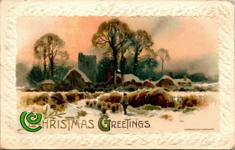 Vtg Christmas Postcard John Winsch Embossed Christmas Greetings Cabin Scene 