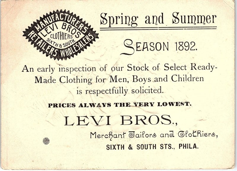 1892 LEVI BROS CLOTHIERS PHILADELPHIA EASTER RABBIT EMBOSSED TRADE CARD 40-101