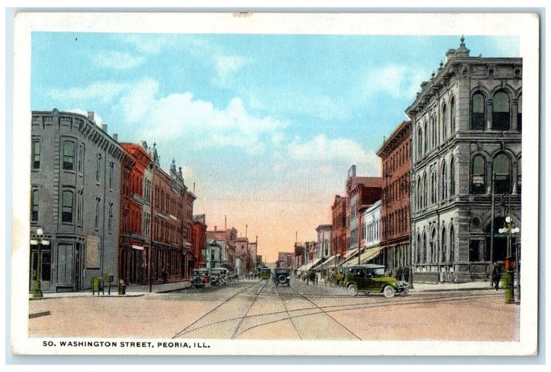 c1920 So. Washington Street Exterior Building Streetcar Peoria Illinois Postcard