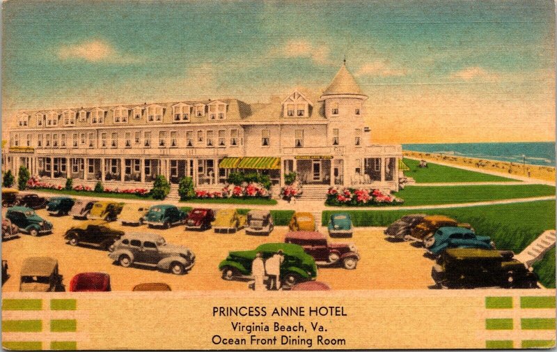Princess Anne Hotel Virginia Beach VA Old Cars Linen Postcard VTG UNP Info Card  