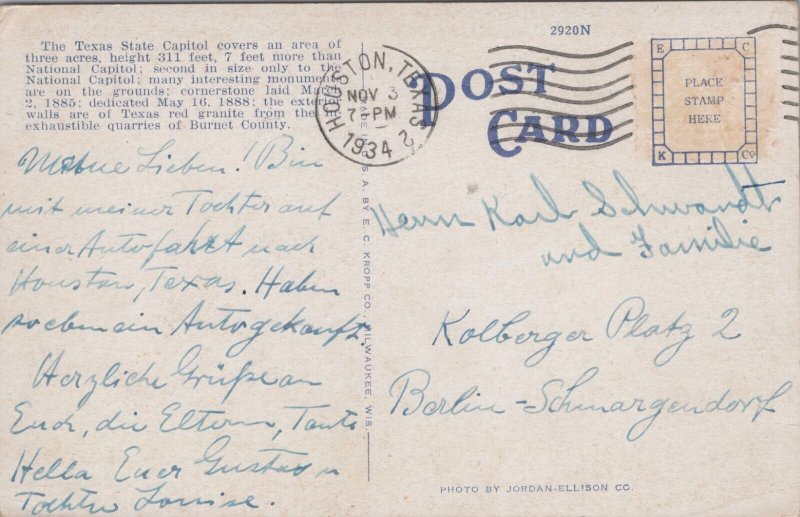 State Capitol At Night Austin Texas Vintage Postcard C104