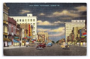 Postcard Main Street Hutchinson Kansas Old Cars Signs Storefronts