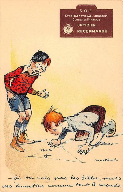 Boys Playing Marbles Opticien recommandé Advertising Signed Postcard