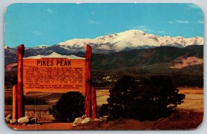 Roadside~Colorado~Pikes Peak & Historical Marker Sign On Hwy 85~Vintage Postcard