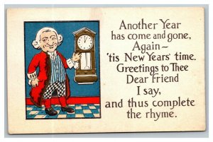 Vintage 1910's New Year's Postcard Colonial Man Wall Clock New Year's Poem