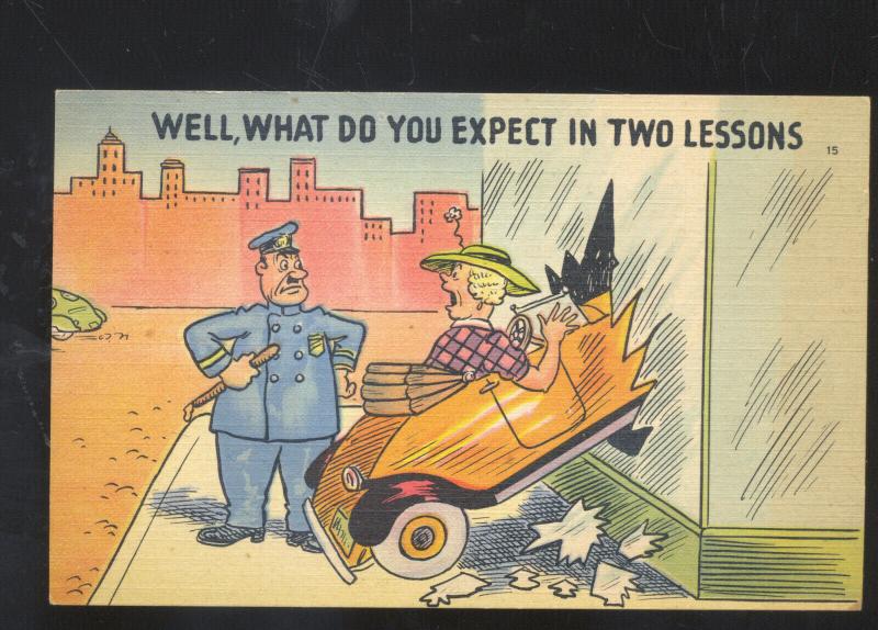 POLICE OFFICER POLICEMAN WOMAN DROVE INTO WINDOW VINTAGE COMIC POSTCARD