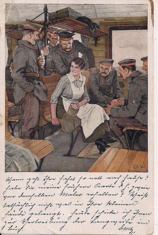 MILITARY WWI German Soldiers, Nurse in Train, Artist Wennerberg Propaganda 1916