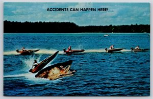 Wisconsin~Men in Speed Boat~Exaggerated Fish Attacks~1950s Postcard
