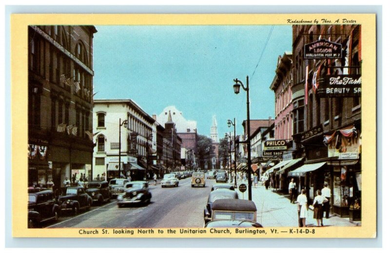 c1951 Church Street Looking North, Burlington Vermont Vintage Postcard