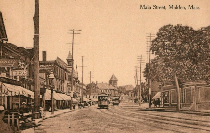 C.1910 Trolly Signs Horses Main Street, Malden, Mass. Postcard P175