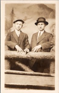 RPPC Young Men Faux Mountain Backdrop Holsman Studio Spokane Wash Postcard A28