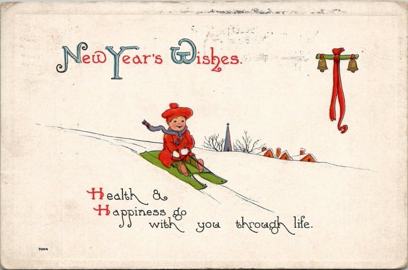 New Years Wishes Adorable Child Sledding Bergman 1913 Concord NH Postcard V5