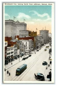 Vintage 1920's Postcard Street Car Horse Buggy Cars Woodward Av Detroit Michigan