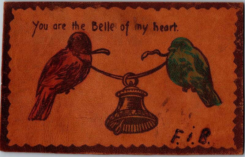 Birds Holding Bell on a Ribbon, Belle of My Heart Leather Vintage Postcard N14