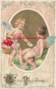 Valentine Day, Winsch 1911, Cupid with Heart & Flowers Handing Fairy a Card