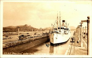 RPPC USAT Republic Entering Miroflores Locks Panama Canal Panama 1935 Postcard