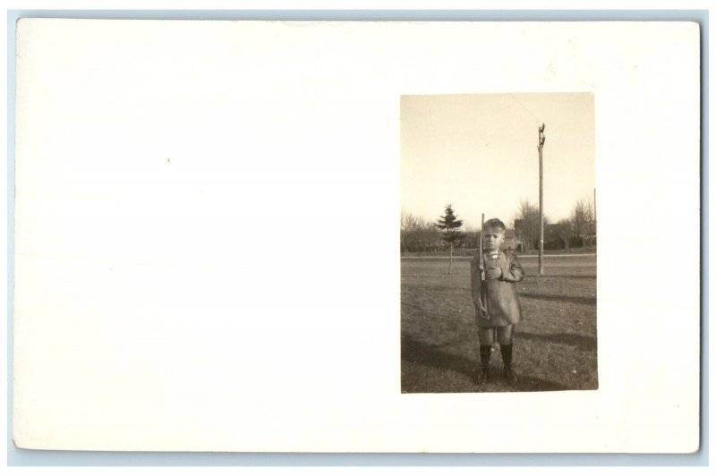 c1910's Little Boy With Gun Scene Field RPPC Photo Unposted Antique Postcard