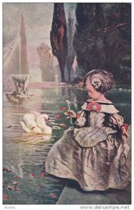 Girl wearing elegant gown watches rose pedals fall into lake, Swan, 00-10s