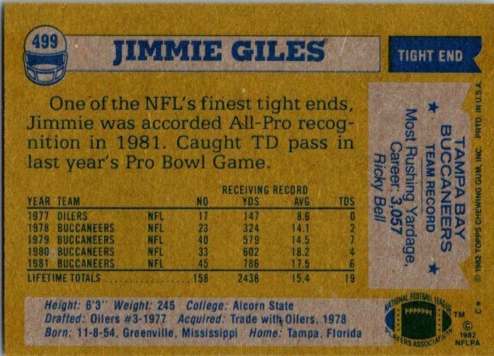 1982 Topps Football Card Jimmy Giles Tampa Bay Buccaneers sk8705