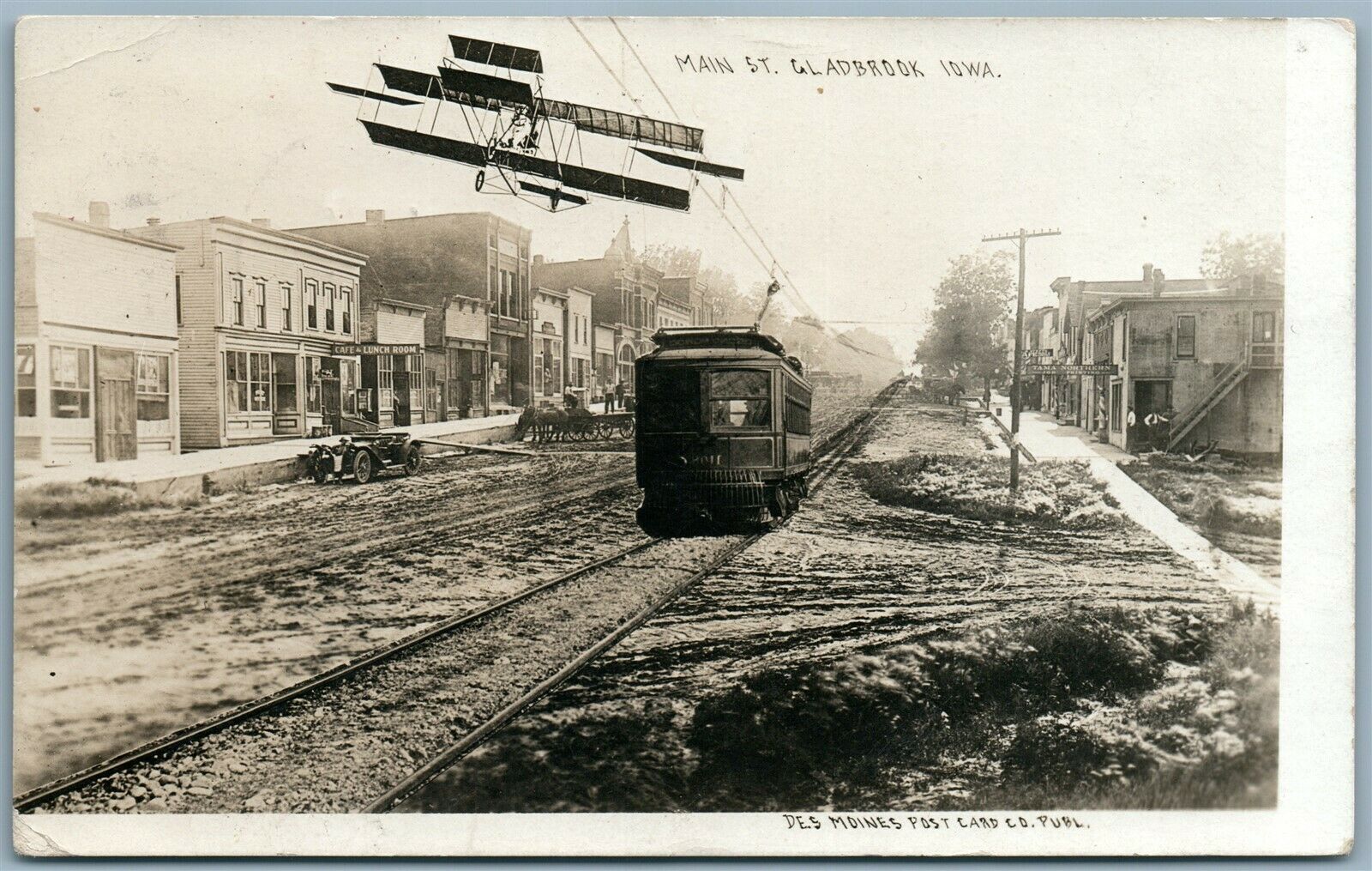 Gladbrook IA Main Street Airplane Antique Real Photo Postcard Rppc