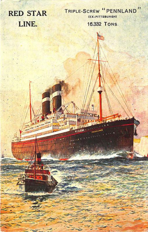 Red Star Line Triple-Screw Pennland Steam Ship Poster Type Vertical Postcard