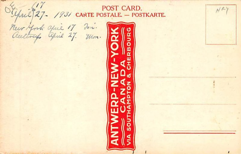 SS Pennland Red Star Line Writing on back, missing stamp 