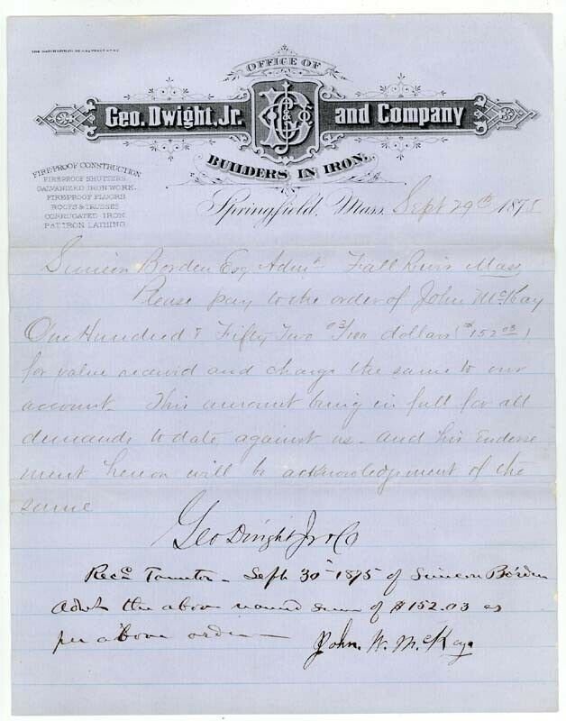 1875 Letterhead, GEO. DWIGHT, JR. and CO., Builders in Iron, Springfield, MA