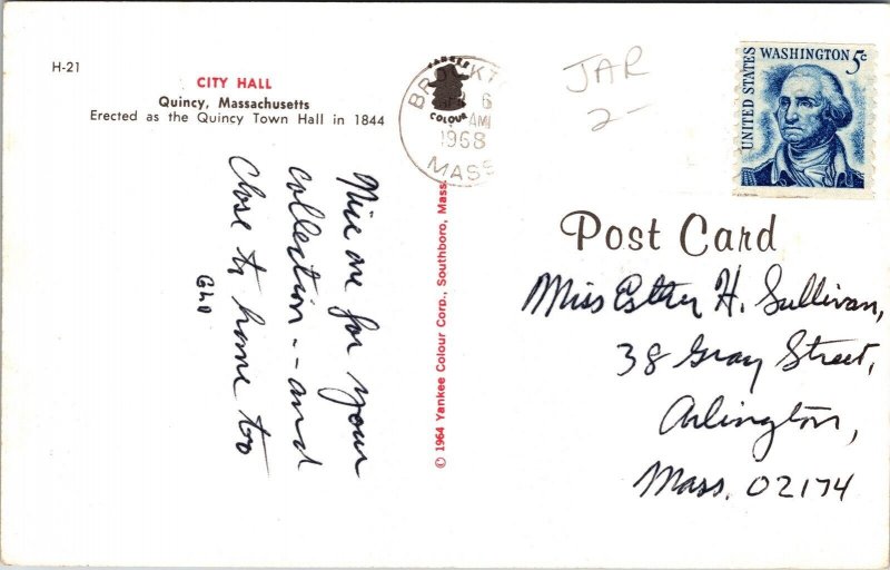 City Hall Quincy Massachusetts Postcard PM Brockton MA WOB Note VTG Yankee 5c 