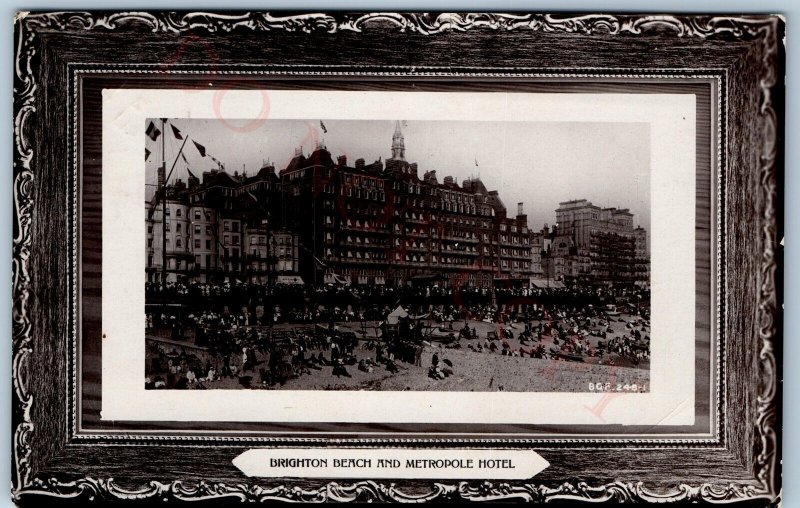 1908 Brighton, England RPPC Beach Metropole Hotel Real Photo Rapid Postcard A75