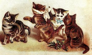 1880's Christmas Adorable Anthropomorphic Cats Playing Games Blindfold  &J