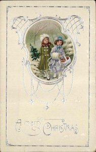 Christmas Little Girls Winter Coats Fur Muffs Art Deco Border Postcard