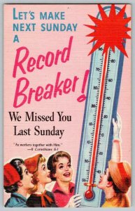 LET'S MAKE NEXT SUNDAY A RECORD BREAKER! THERMOMETER CHURCH LINEN POSTCARD 