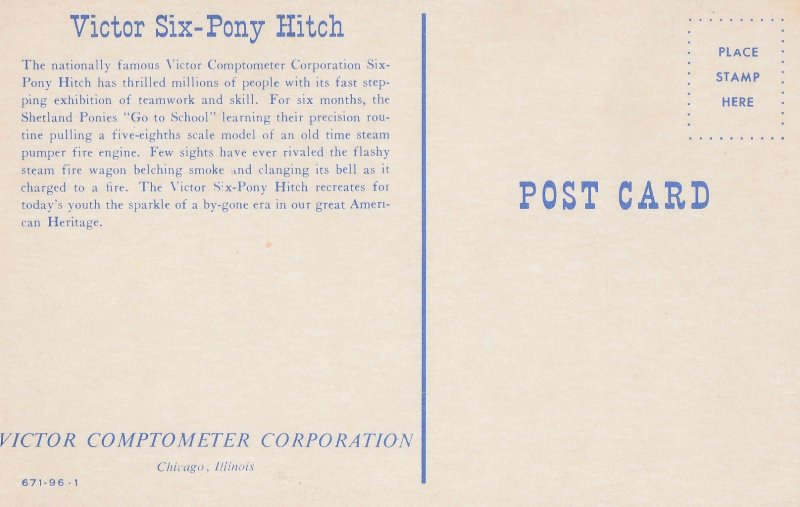 Victor Six-Pony Hitch Postcard Vintage Horses Fire Wagon
