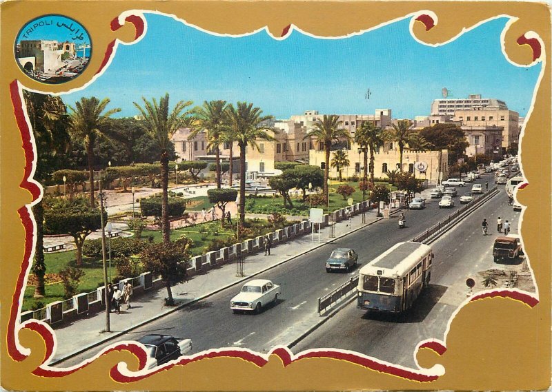 Postcard Libya Tripoli Sciara Omar el Muktar bus vintage cars traffic