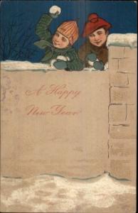 New Year - Boys Having Snowball Fight c1910 Postcard PFB