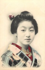 Hand Colored Postcard Japanese Woman Plaid Kimono Chrysanthemum